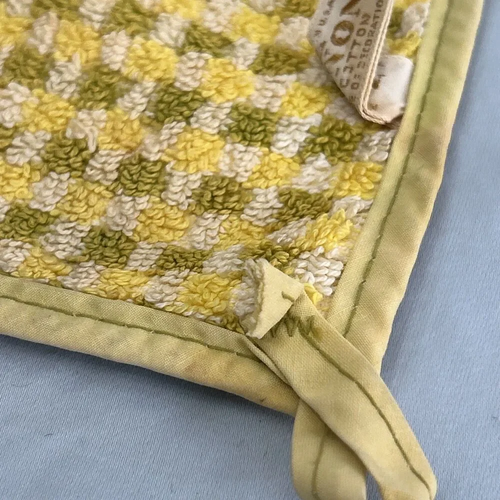 Vintage Cannon USA Cotton Terry Potholders Mustard Checkered 1970’s Distressed